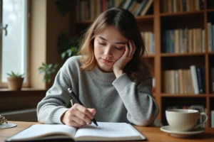 Femme concentrée écrivant dans un cahier à son bureau en bois, illustrant la réflexion sur les règles grammaticales du français