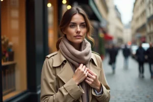 Femme élégante portant un foulard en soie et un trench coat beige dans une rue parisienne en automne, sublimant son look grâce aux accessoires Olivia Style