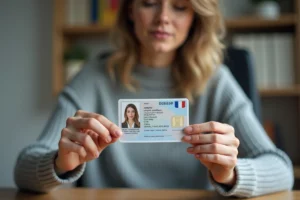 Femme examinant sa carte nationale d'identité française à son bureau à domicile