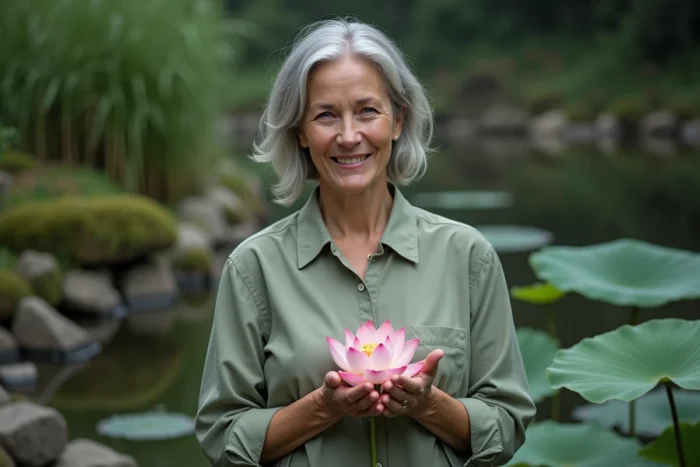 Femme mature tenant une fleur de lotus symbole d'espoir et de force intérieure au bord d'un étang paisible