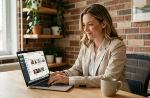 Femme indépendante utilisant la plateforme Les Vrais Indépendants sur son ordinateur portable dans un bureau à domicile moderne