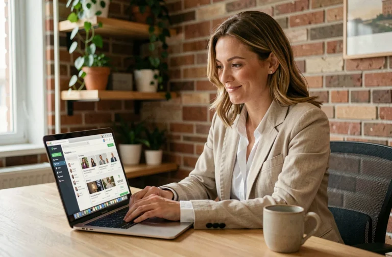 Femme indépendante utilisant la plateforme Les Vrais Indépendants sur son ordinateur portable dans un bureau à domicile moderne