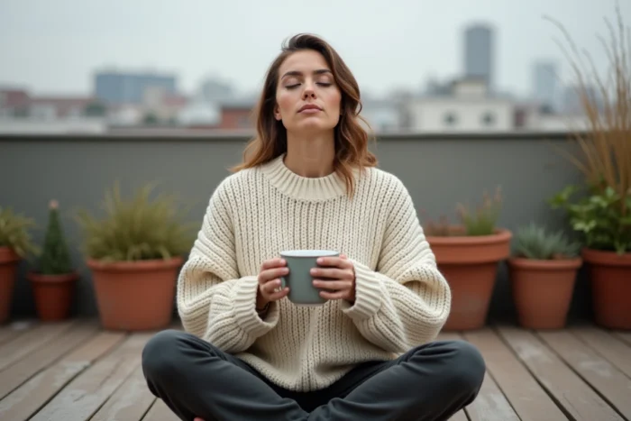 Femme méditant sur une terrasse avec une tasse de tisane pour gérer le stress et retrouver la forme