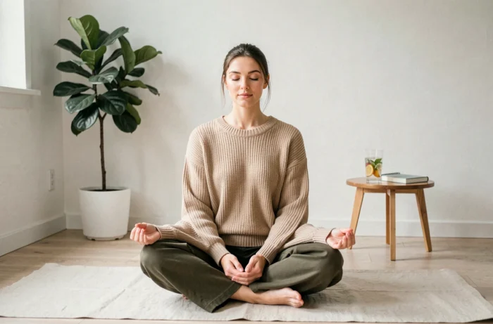 Jeune femme en méditation sur un tapis de yoga chez elle dans le cadre d'une démarche minceur naturelle et bien-être
