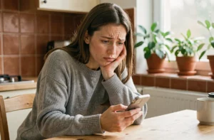 Femme perplexe regardant son téléphone avec une notification Messenger sans réponse, signe d'une mise en sourdine