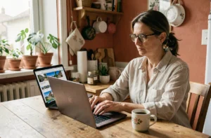 Femme consultant des locations de vacances en ligne sur son ordinateur portable depuis chez elle