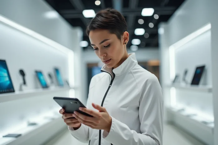 Femme tenant un smartphone pliable dernier cri dans un magasin d'électronique high-tech moderne