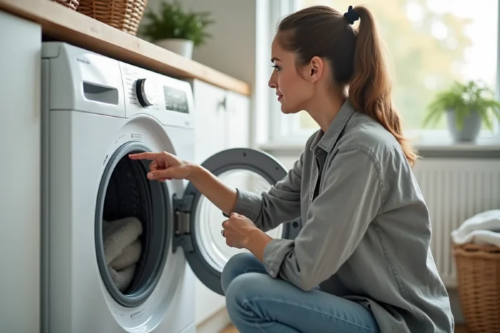 Femme consultant le symbole essorage sur une machine à laver dans une buanderie moderne