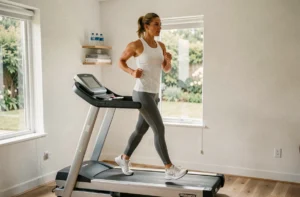 Femme utilisant un tapis de course dans une salle de sport à domicile moderne et lumineuse