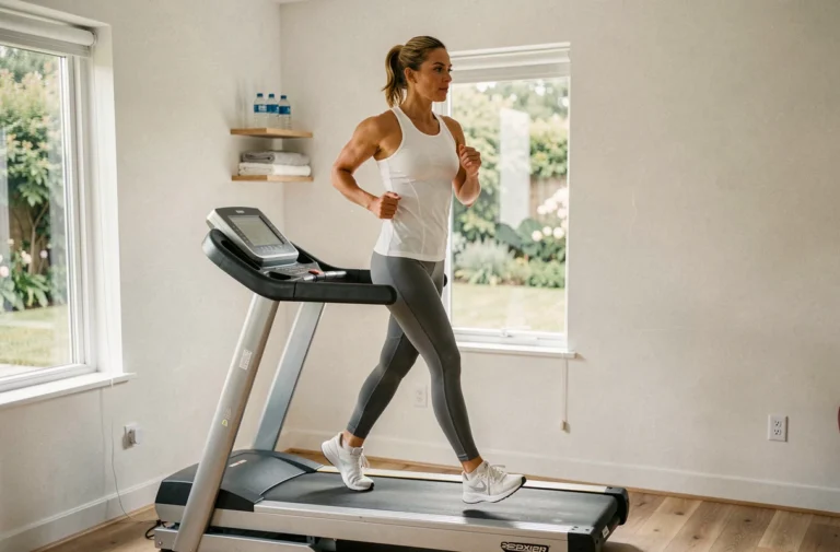 Femme utilisant un tapis de course dans une salle de sport à domicile moderne et lumineuse