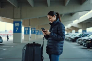 Femme avec valise consultant son téléphone dans un parking extérieur de l'aéroport d'Orly pour trouver un tarif économique