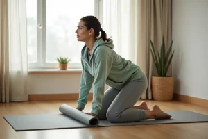 Femme pratiquant le yoga à la maison pour réduire le stress et perdre du poids lié à l'anxiété