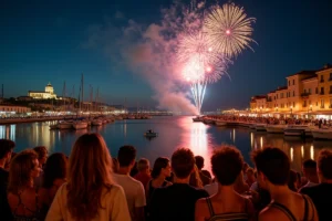 Foule rassemblée sur le Vieux-Port de Marseille pour admirer le feu d'artifice du 14 juillet reflété dans l'eau