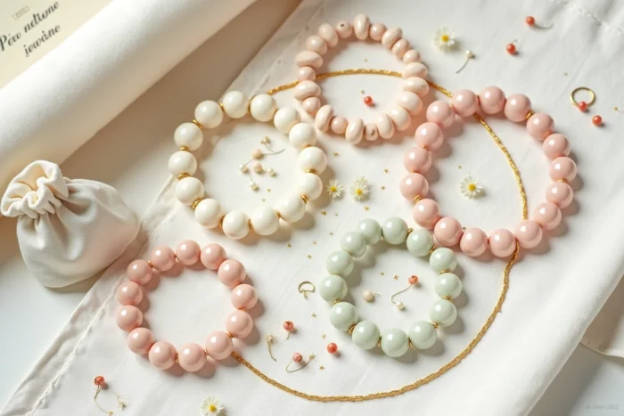 Flat lay de bijoux Gigi Clozeau : bracelets en résine laquée pastel et collier en or disposés sur tissu lin blanc