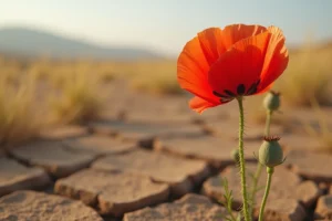 Coquelicot rouge solitaire symbolisant la résilience et le courage poussant dans une terre aride et craquelée