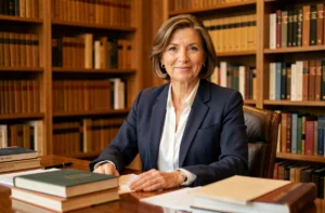 Portrait professionnel d'une femme élégante dans la cinquantaine, assise à son bureau entouré de livres, évoquant une biographie éditoriale