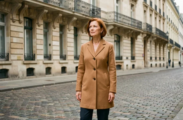 Femme élégante d'une cinquantaine d'années debout dans une rue pavée parisienne, portrait biographique en extérieur pour article sur Florence Kieffer