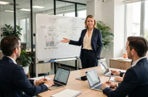 Formatrice en vente animant une session de formation professionnelle dans une salle de réunion moderne avec tableau blanc et participants attentifs
