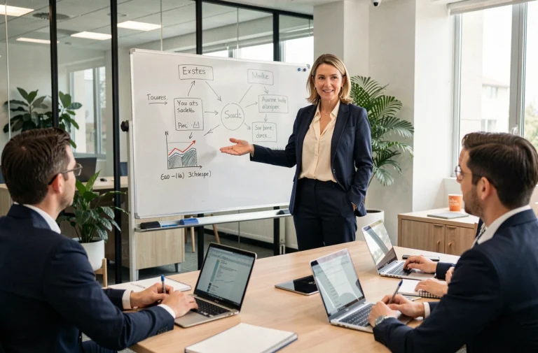Formatrice en vente animant une session de formation professionnelle dans une salle de réunion moderne avec tableau blanc et participants attentifs