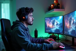 Jeune gamer concentré devant plusieurs écrans ultrawide avec clavier mécanique et casque sans fil dans une chambre gaming moderne