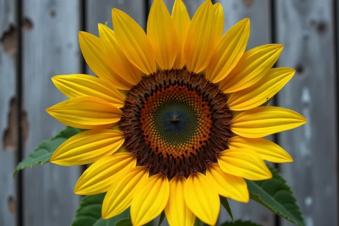 Gros plan d'un tournesol légèrement abîmé symbolisant la résistance et l'espoir face à l'adversité devant une planche en bois vieillie