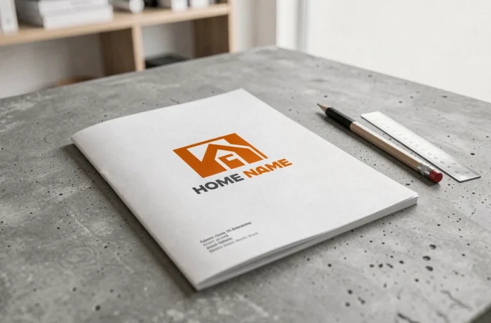 Gros plan sur un guide de marque imprimé présentant le nouveau logo modernisé Castorama 2026 sur une surface en béton