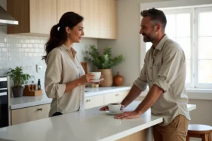 Femme debout et homme assis autour d'un plan snack en quartz blanc dans une cuisine moderne, illustrant la hauteur idéale d'un comptoir snack