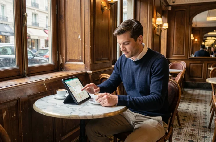 Man consulting a travel application on a tablet in a typical Parisian brasserie