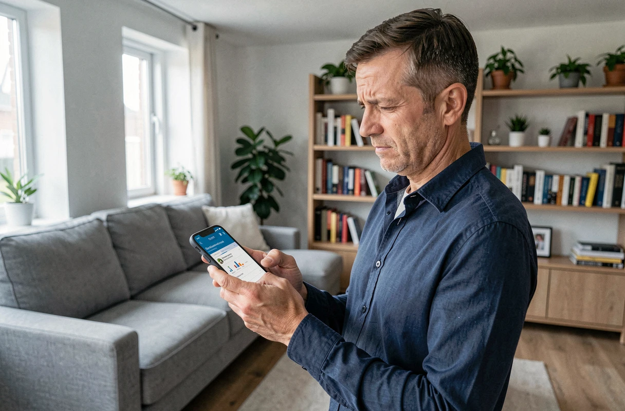 Homme lisant des avis clients sur Mint Energie depuis son smartphone au salon