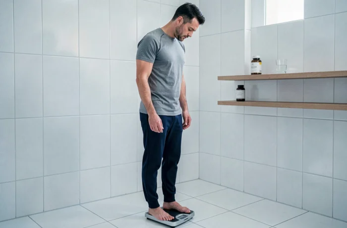 Homme sur une balance dans une salle de bain avec des compléments alimentaires pour contrôle du poids