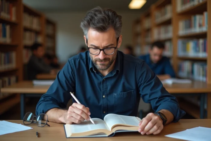Homme en bibliothèque lisant un livre de grammaire française ouvert sur une table en bois avec des notes éparpillées