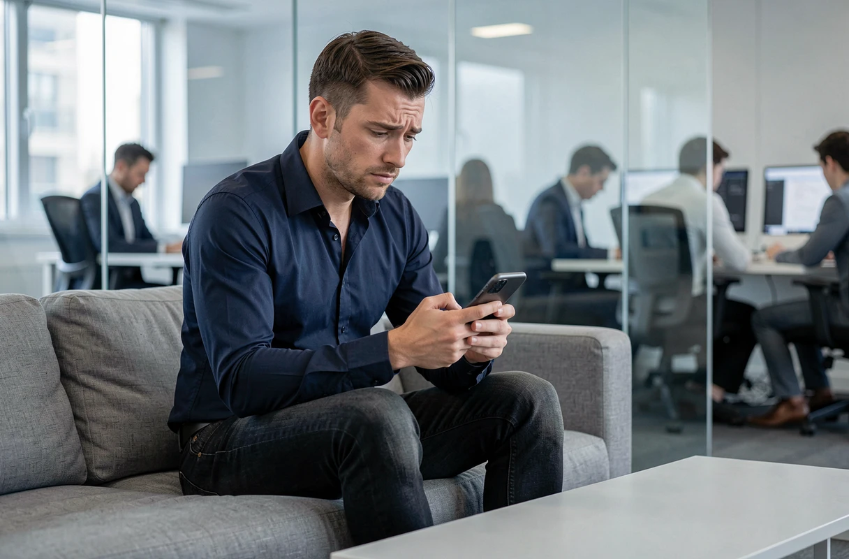 Homme concentré sur son téléphone consultant une conversation Messenger sans réponse dans un bureau moderne