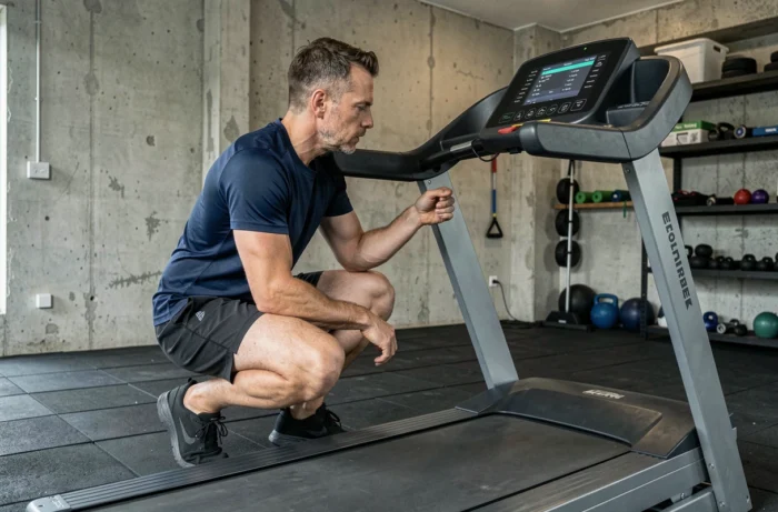 Homme inspectant les fonctionnalités et le tableau de bord d'un tapis de course haut de gamme