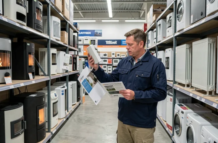 Homme comparant des équipements de chauffage dans le rayon d'une grande surface de bricolage, tenant une brochure produit