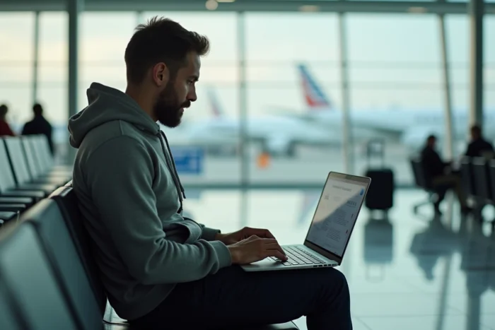 Homme assis dans le terminal de l'aéroport d'Orly comparant les offres de parking en ligne sur un ordinateur portable