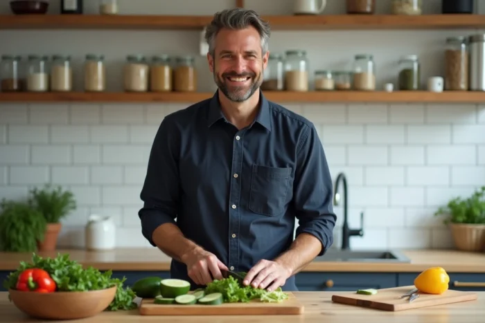 Homme préparant une salade saine en cuisine pour lutter contre la prise de poids due au stress