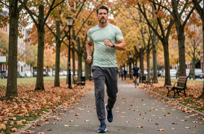 Homme qui fait du jogging dans un parc en automne dans le cadre d'une routine minceur durable et naturelle