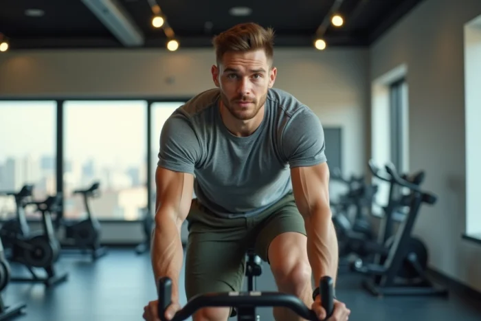 Homme pratiquant un exercice aérobie sur un vélo stationnaire dans une salle de sport moderne