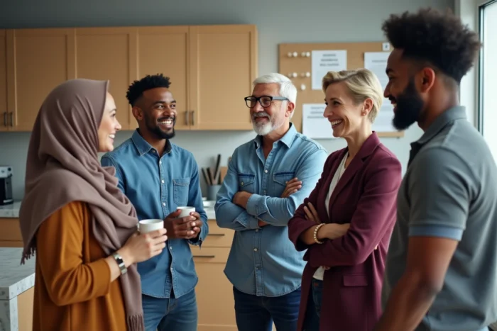 Groupe de collègues issus de la diversité échangeant de manière inclusive lors d'une pause café au bureau
