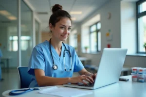 Infirmière en EHPAD utilisant un logiciel de transmission sur ordinateur au poste de soins