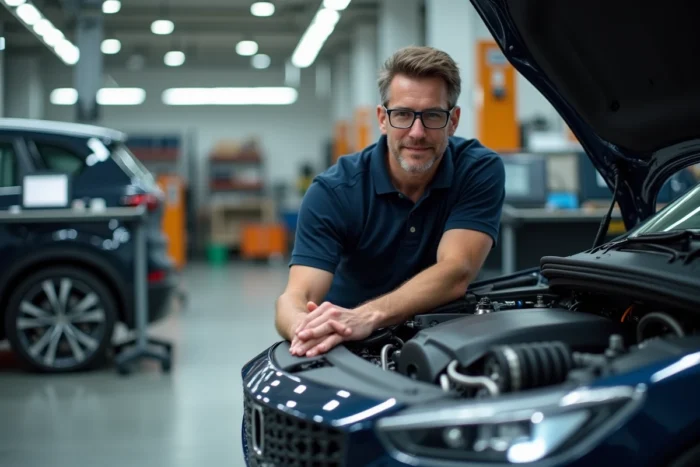 Ingénieur automobile examinant le moteur hybride d'un prototype dans un atelier de R&D professionnel