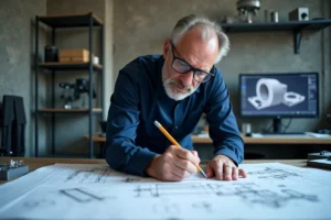 Ingénieur en conception de machines industrielles sur mesure analysant des plans techniques dans un bureau d'études