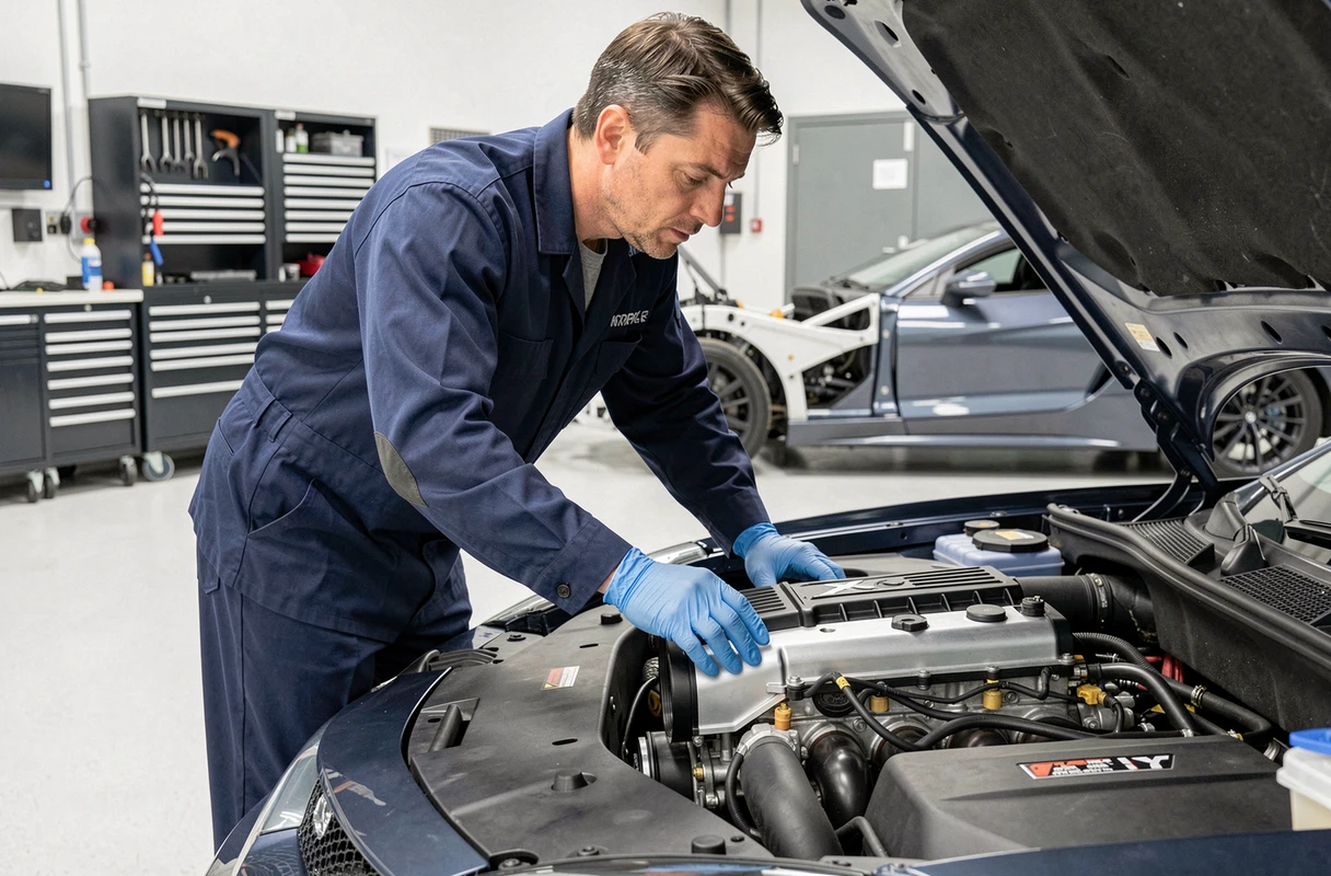 Ingénieur automobile inspectant un moteur en X monté sous le capot d'une voiture de performance dans un garage moderne