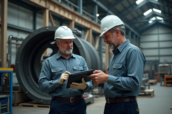 Deux ingénieurs industriels discutant des spécifications d'une machine sur mesure en atelier de fabrication