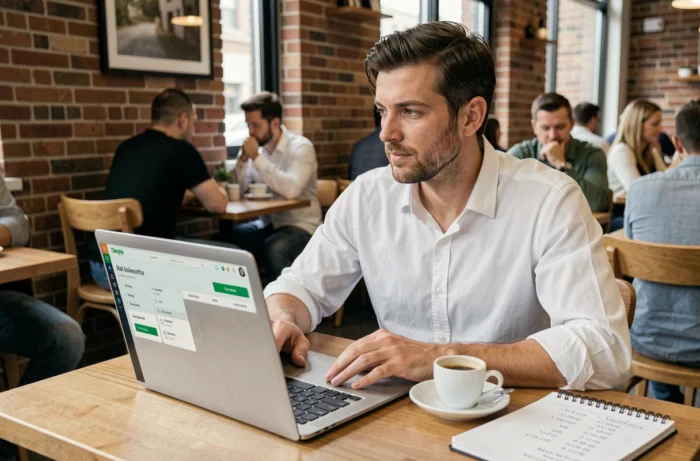 Hombre consultando una plataforma de inversión inmobiliaria en línea en un café urbano con ordenador portátil y notas manuscritas