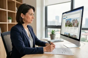 Femme professionnelle analysant des offres immobilières en ligne depuis son bureau à domicile avec contrat et ordinateur