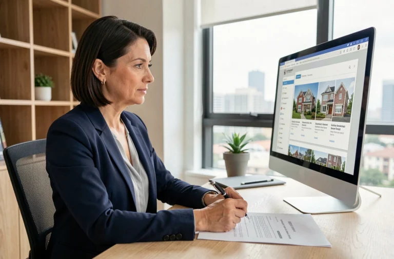 Femme professionnelle analysant des offres immobilières en ligne depuis son bureau à domicile avec contrat et ordinateur