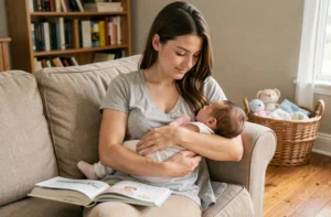 Jeune mère allaitante lisant un livre de parentalité sur un canapé en lin avec son nouveau-né dans les bras