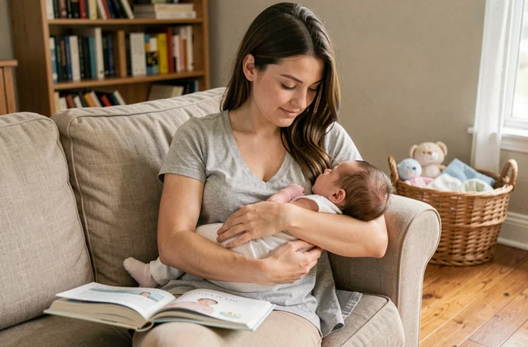 Jeune mère allaitante lisant un livre de parentalité sur un canapé en lin avec son nouveau-né dans les bras