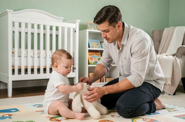 Jeune père jouant avec son bébé sur un tapis d'éveil dans une chambre de nourrisson bien organisée